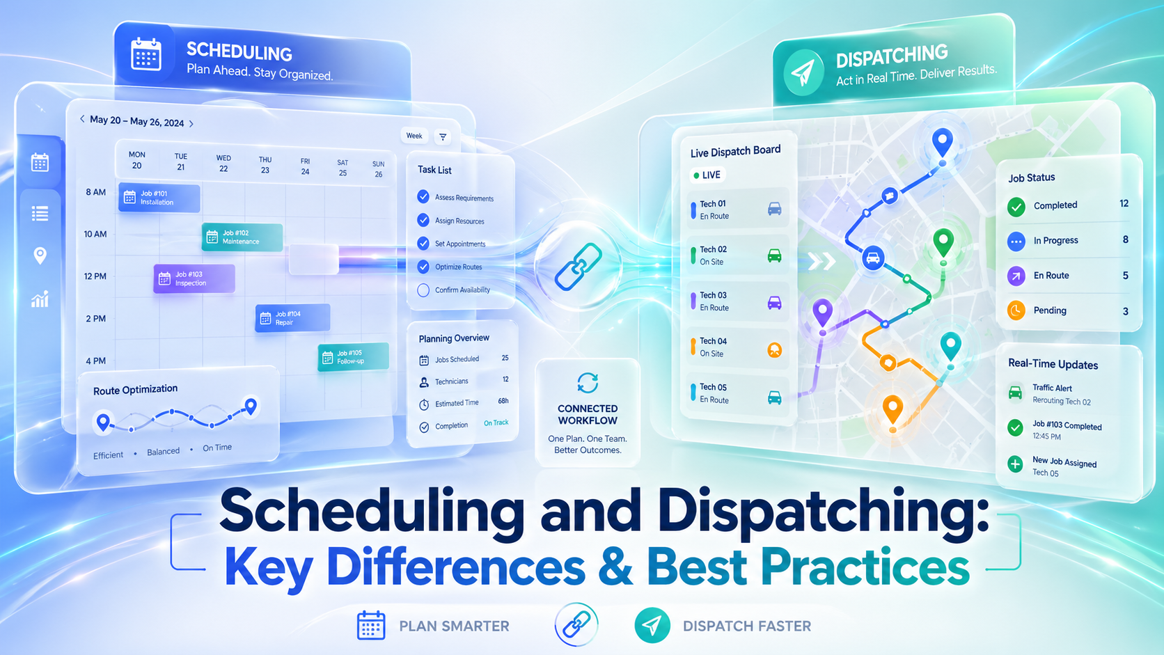 Scheduling and dispatching dashboards with a route map