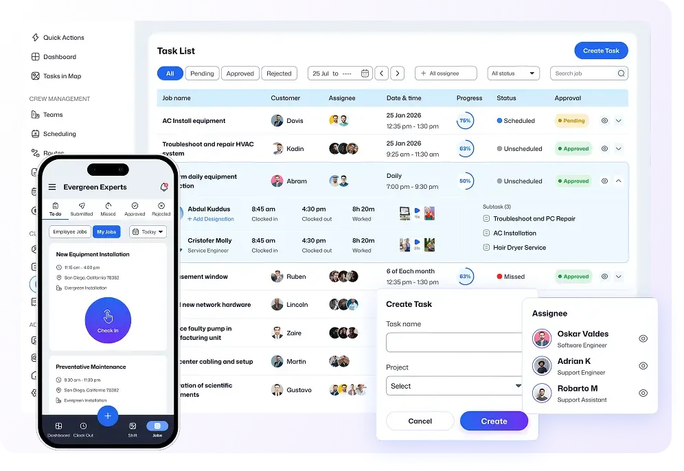 Task scheduling dashboard with mobile crew management app