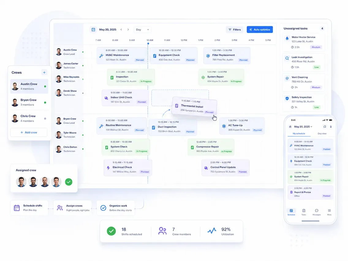 Crew scheduling dashboard with daily shifts and mobile app