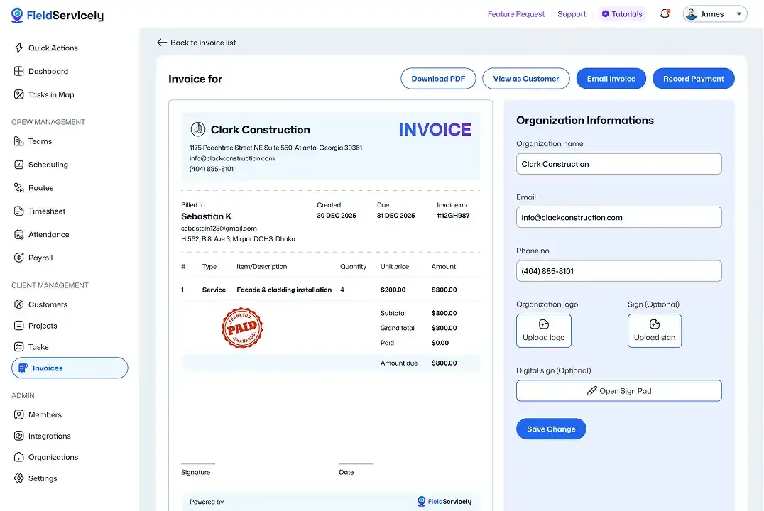 Paid invoice dashboard with organization details panel