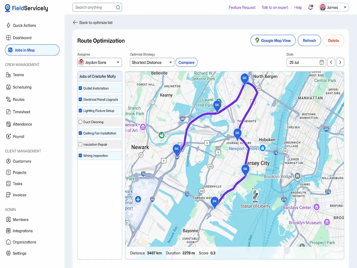 Fieldservicely route optimization on a map