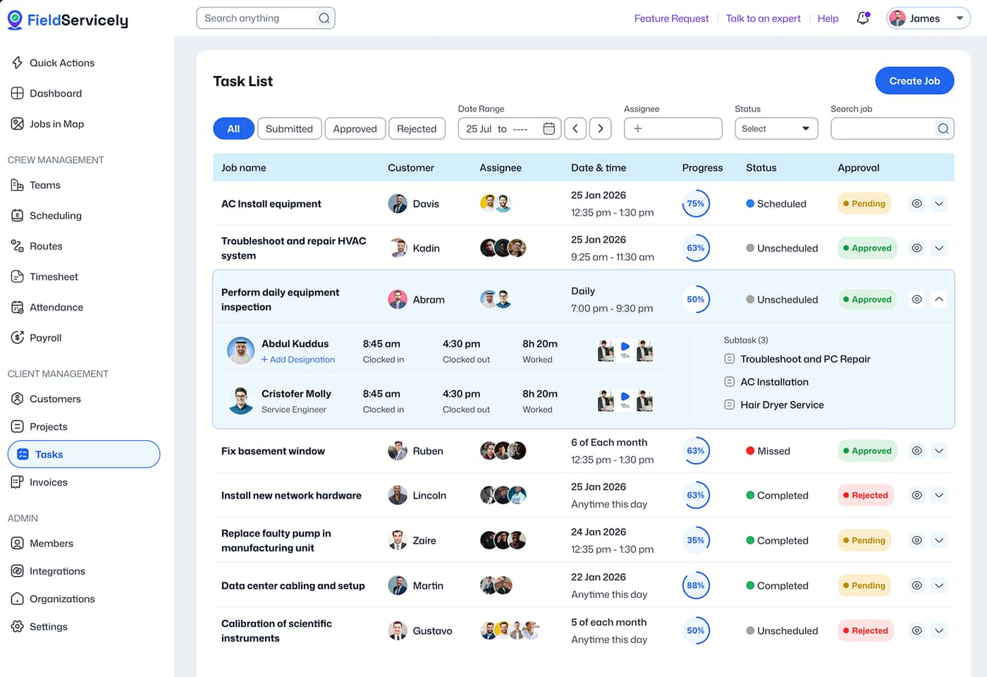 FieldServicely task list dashboard with job assignments and progress tracking