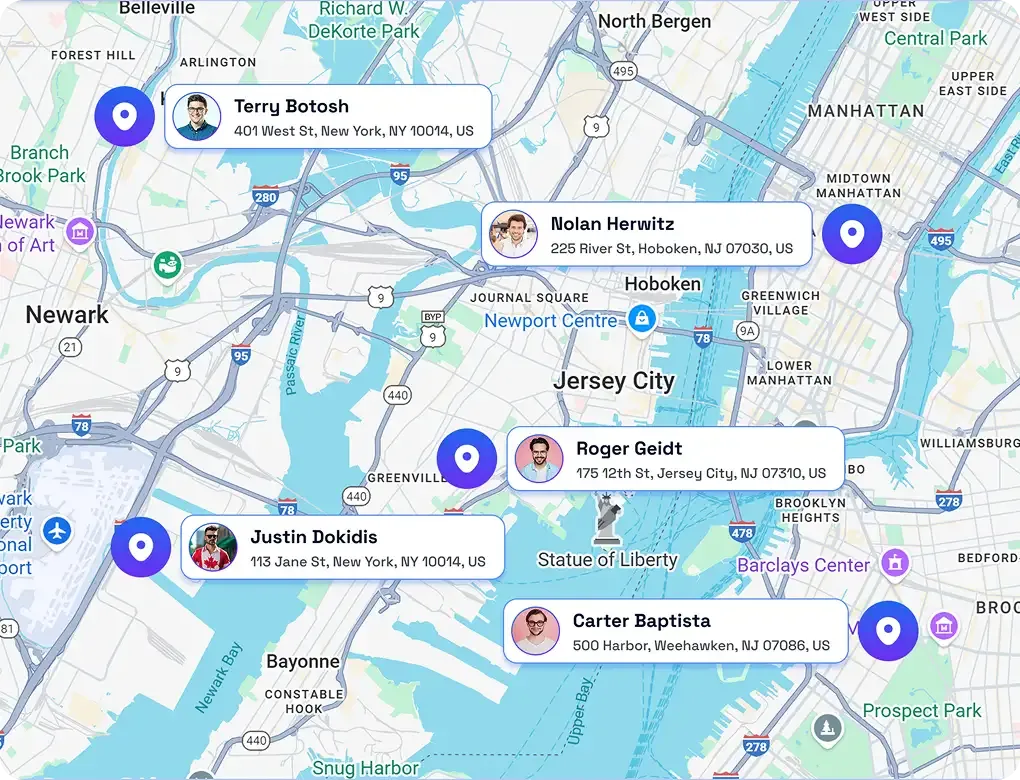 Map showing crew member locations across Newark, Jersey City, Hoboken, and Manhattan