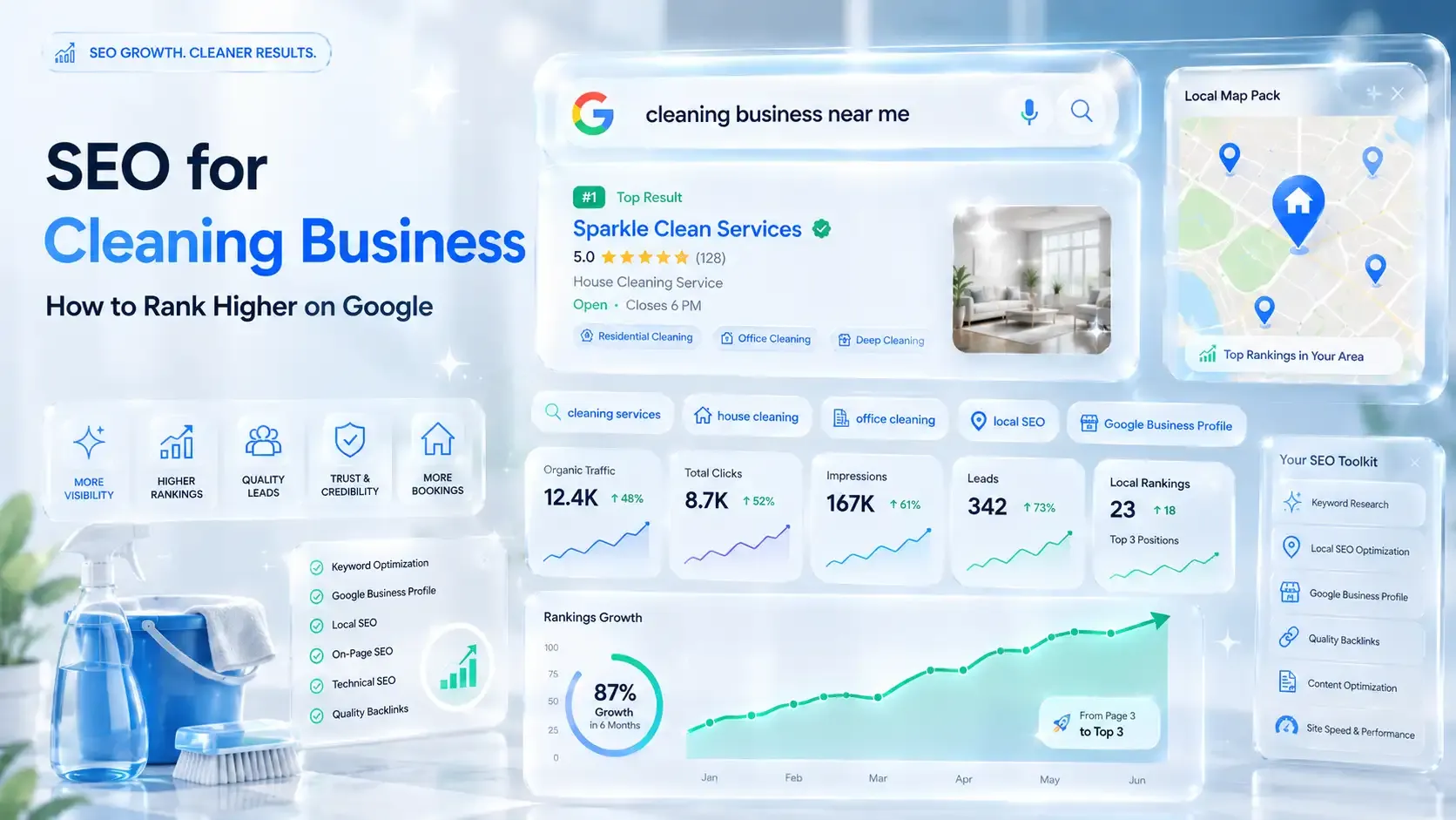 SEO for cleaning business dashboard with local rankings