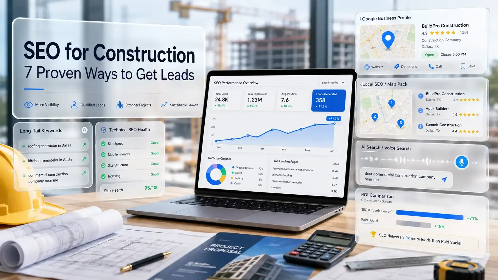 SEO for construction dashboard showing leads and ROI