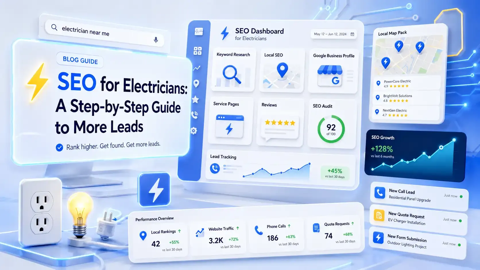 SEO for electricians dashboard with leads and rankings