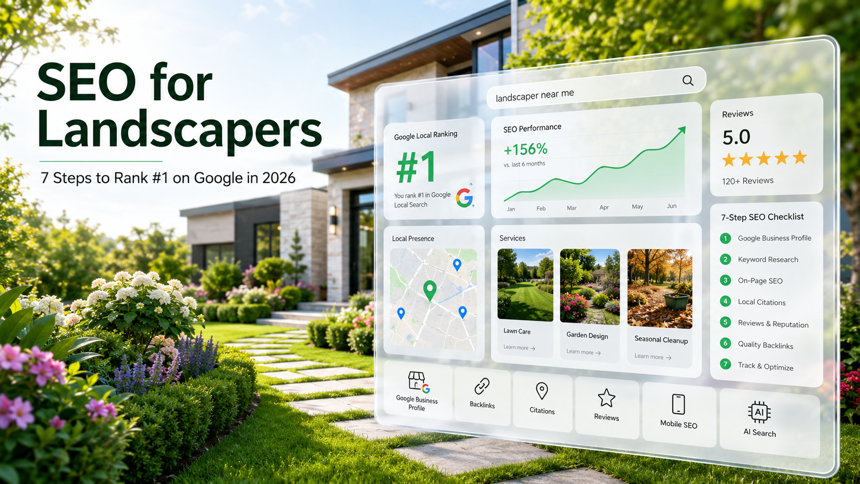 SEO for landscapers guide with rankings dashboard view