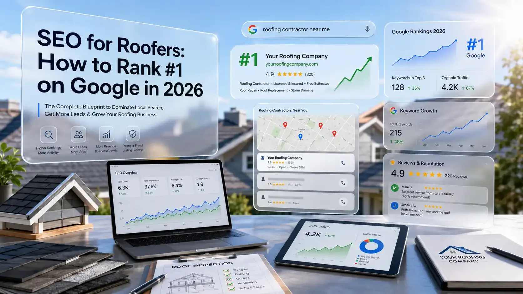 roofing company seo dashboard with local ranking insights