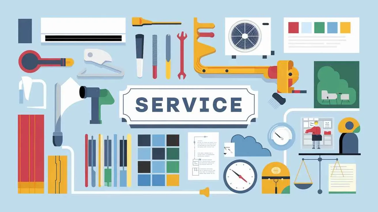 A colorful illustration of tools, HVAC equipment, and service-related icons surrounding a S0ERVICE sign.
