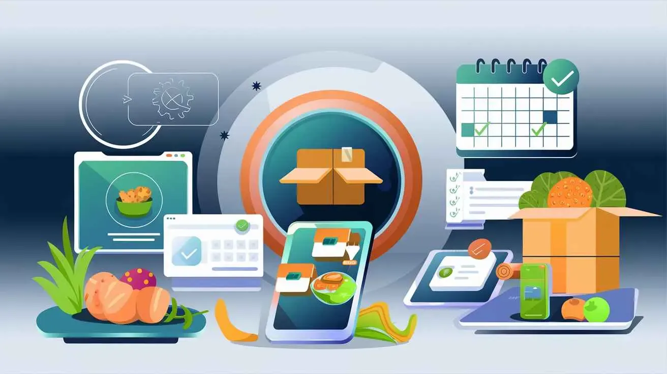 A colorful digital illustration depicting online grocery ordering, meal planning, and food delivery services.