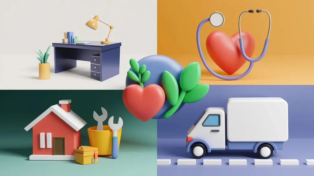 A 3D illustration divided into four sections, representing work, healthcare, home repair, and delivery.