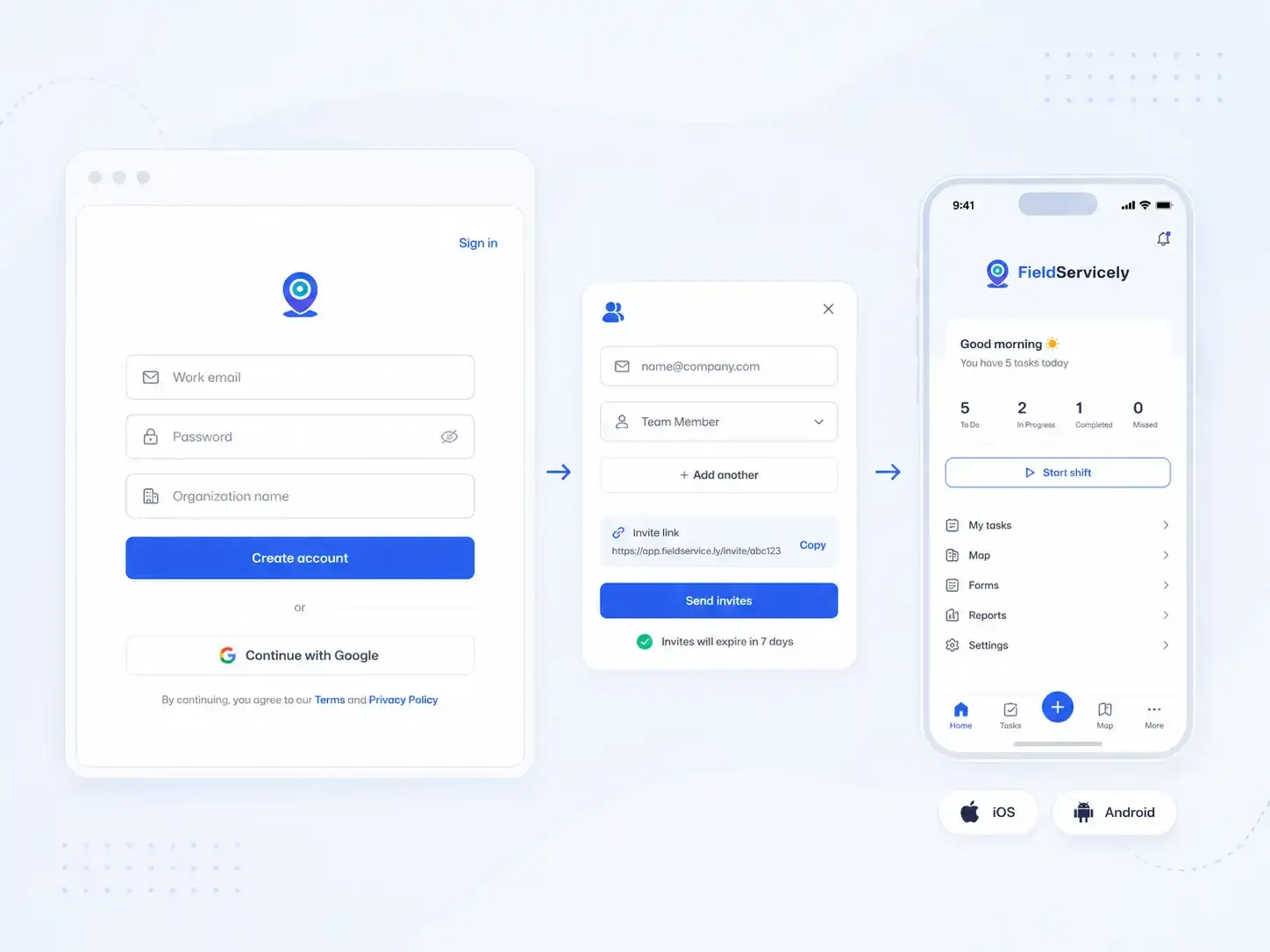 Field service sign-up and team invitation app screen