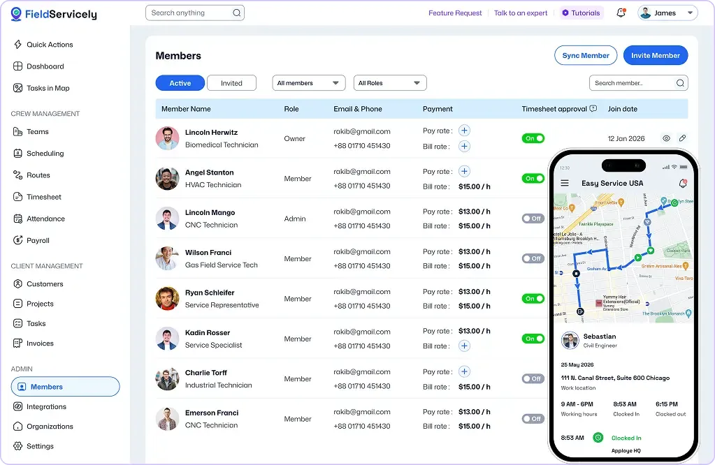 Team member dashboard with mobile route tracking app