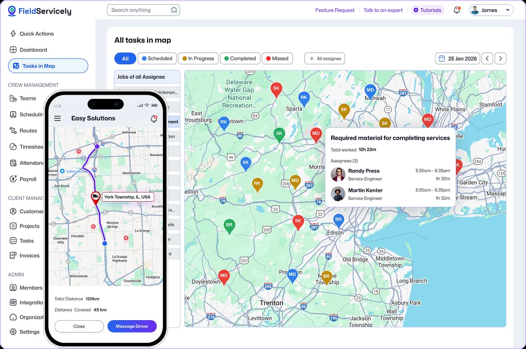 Task map dashboard with mobile route and service popup