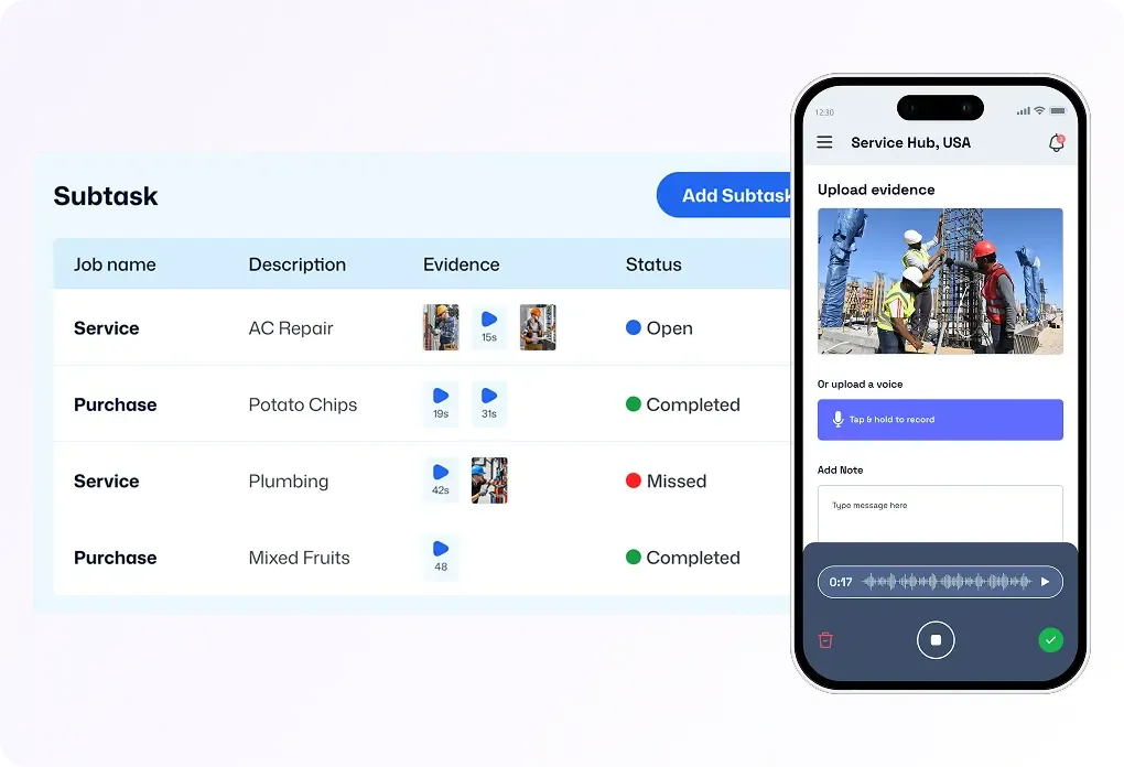 Subtask dashboard with mobile evidence upload screen