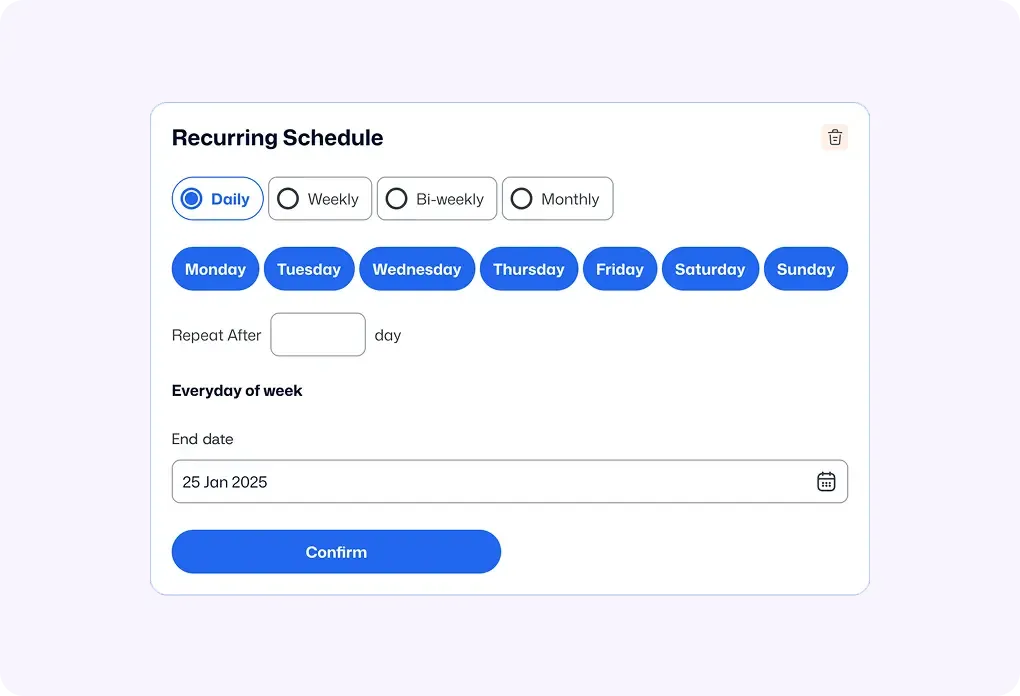 Recurring schedule form with daily and weekly options