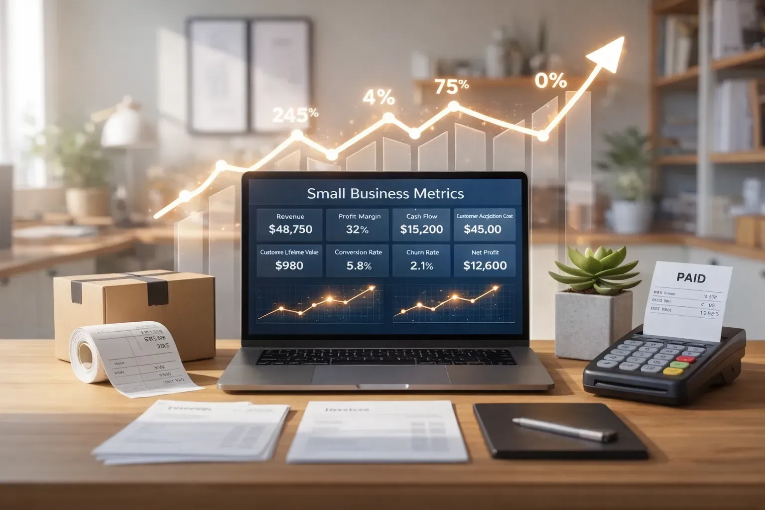 Laptop dashboard showing small business metrics and profit charts