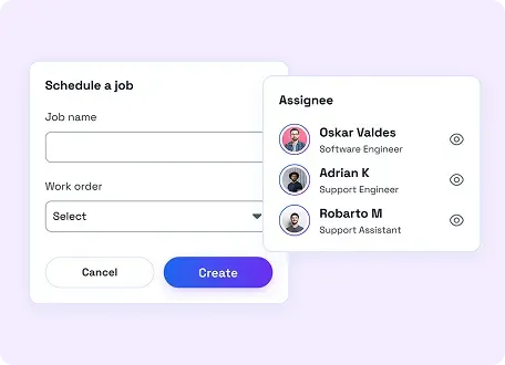 Schedule a job form with assignee selection sidebar