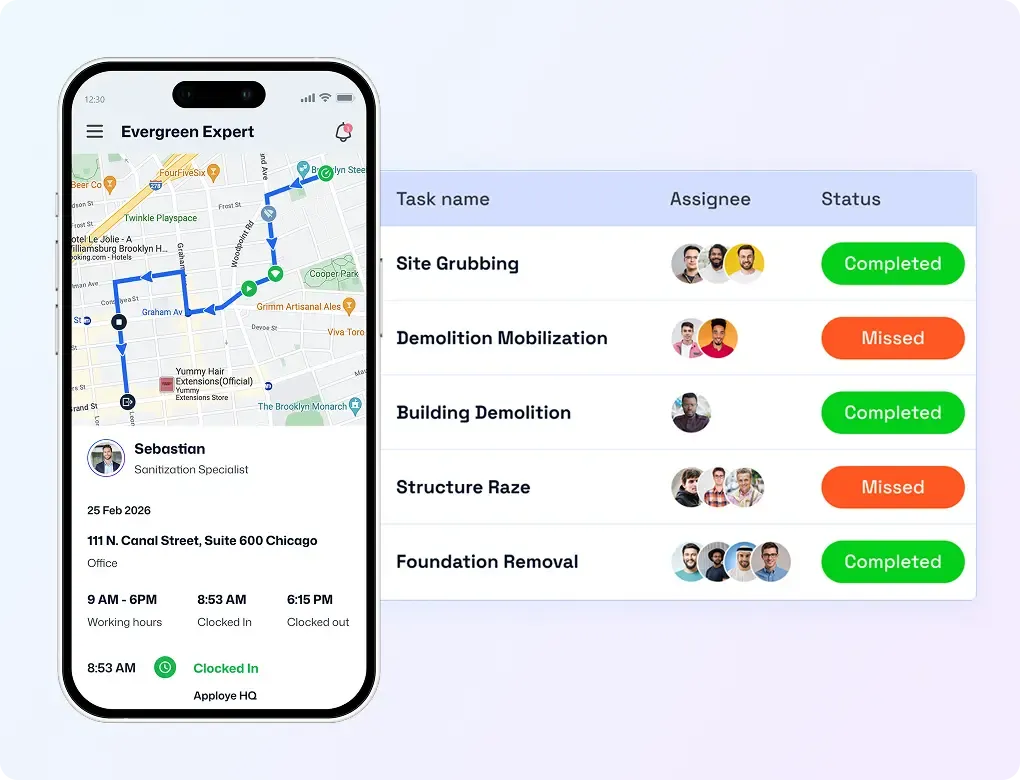 Mobile GPS route screen beside task table showing completed and missed crew jobs status