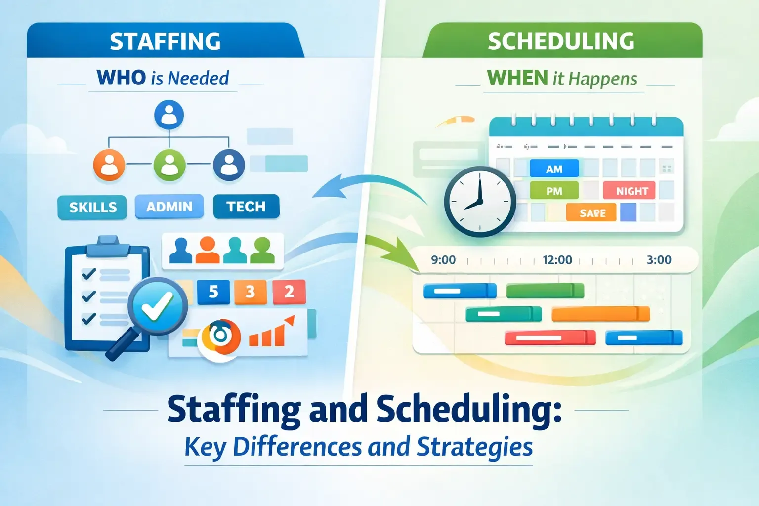 Staffing vs scheduling infographic with teams and shifts