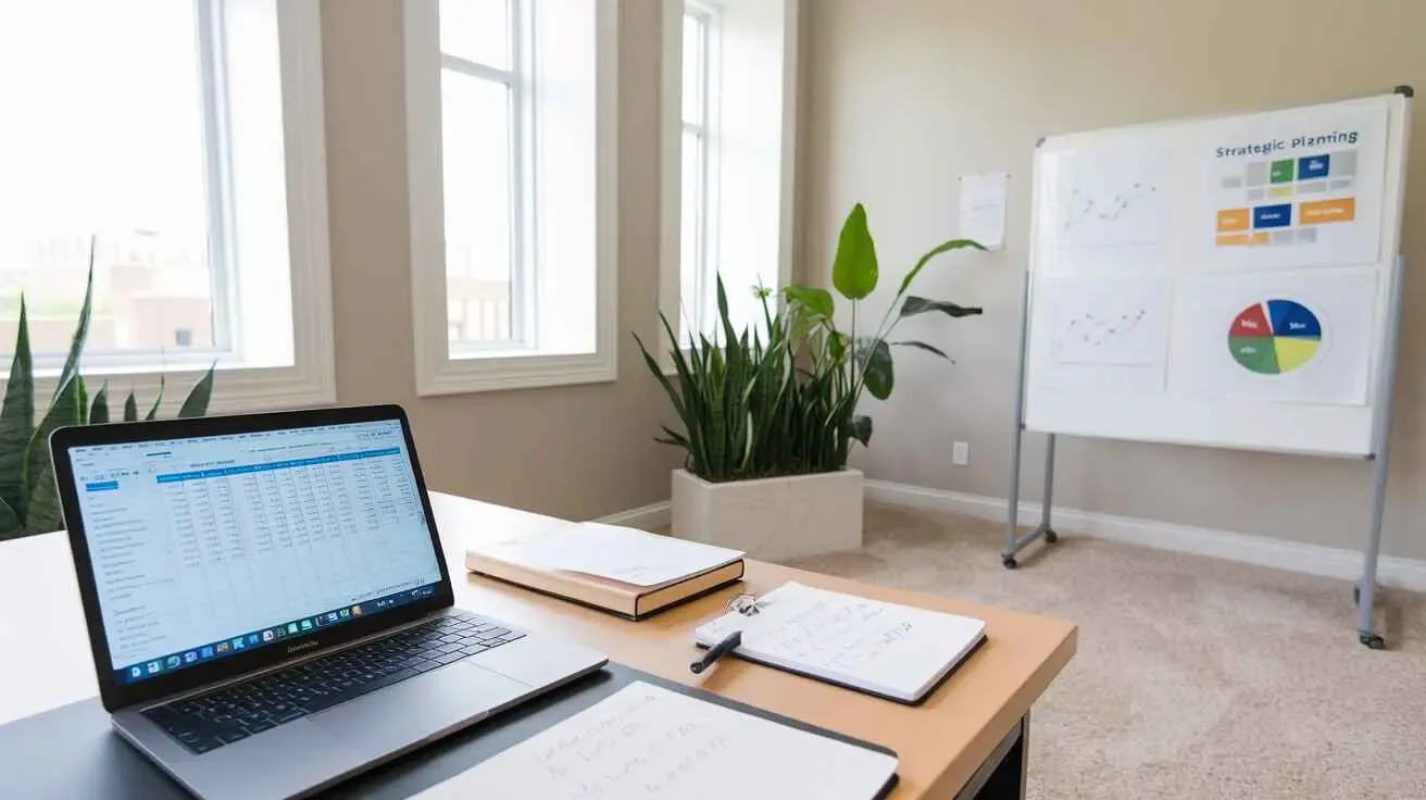 A modern office with a laptop, notebook, and whiteboard displaying strategic planning charts.