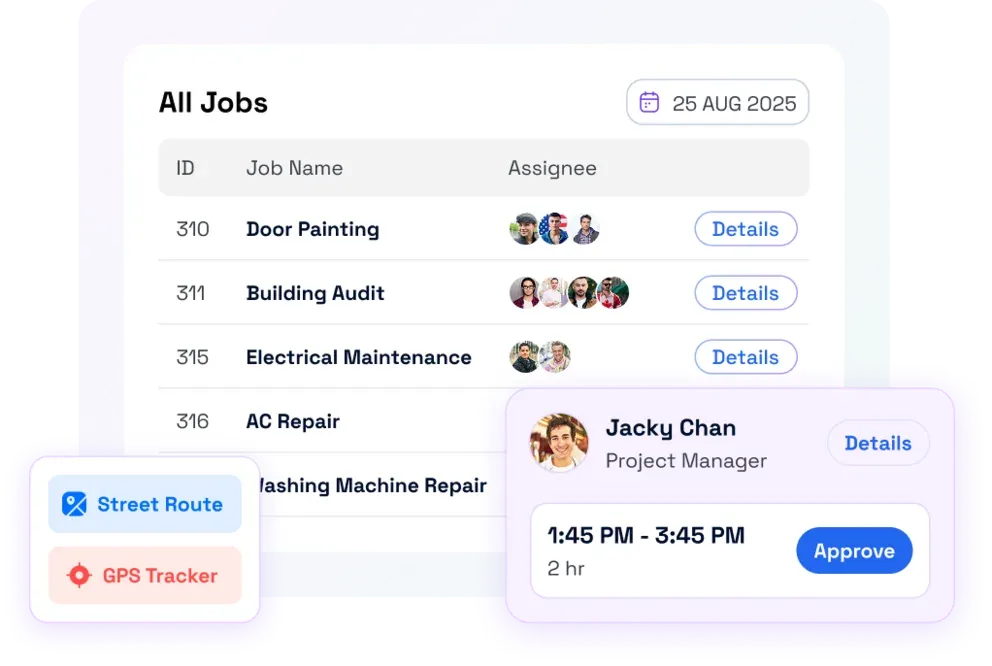 Displaying all jobs table with job IDs, names, assignees, and a job approval popup showing assignee details and time slot