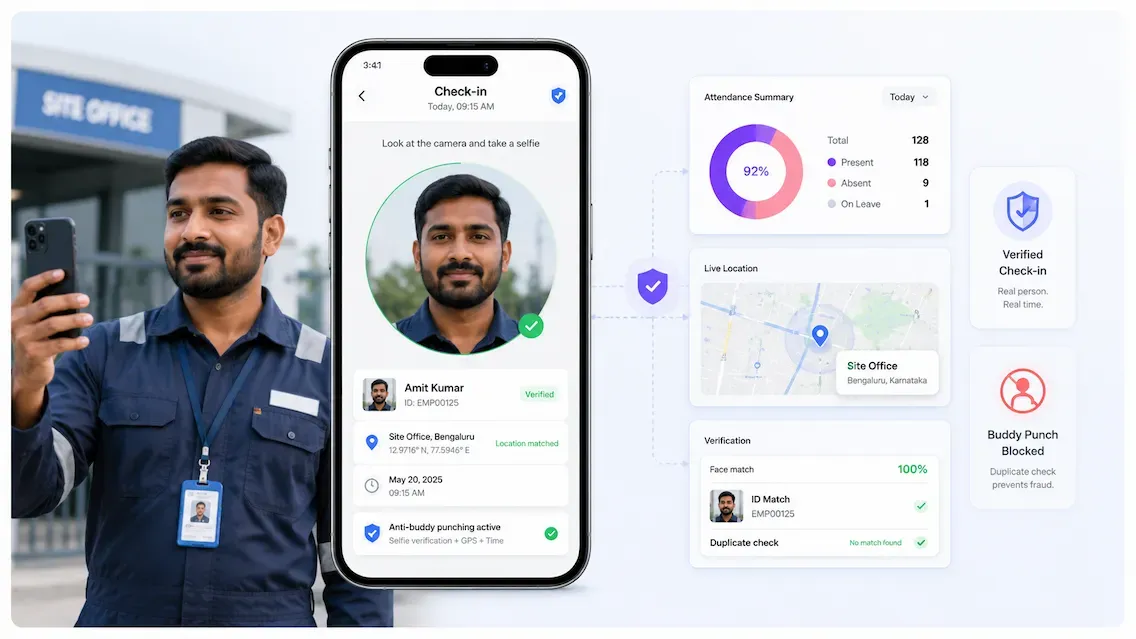 Selfie check-in app with location and identity verification