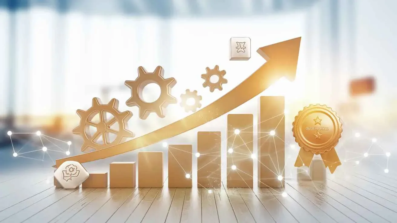 Abstract illustration of a successful service business campaign with growth arrows, gears, and network connections.