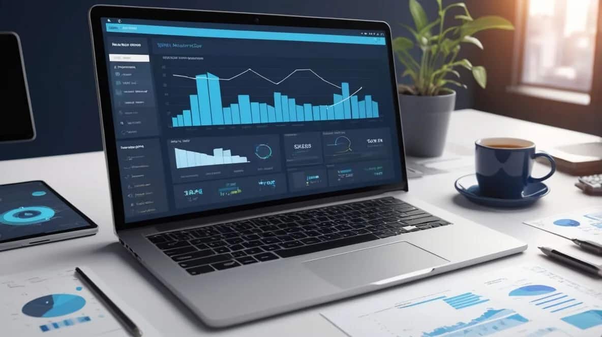 A laptop on a desk displays a data analytics dashboard with charts, graphs, and metrics in blue tones.