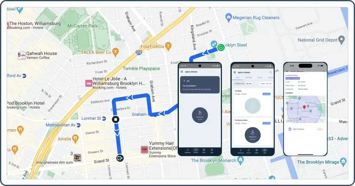 A route map with three mobile screens displaying job management, clock-in status, and task details.