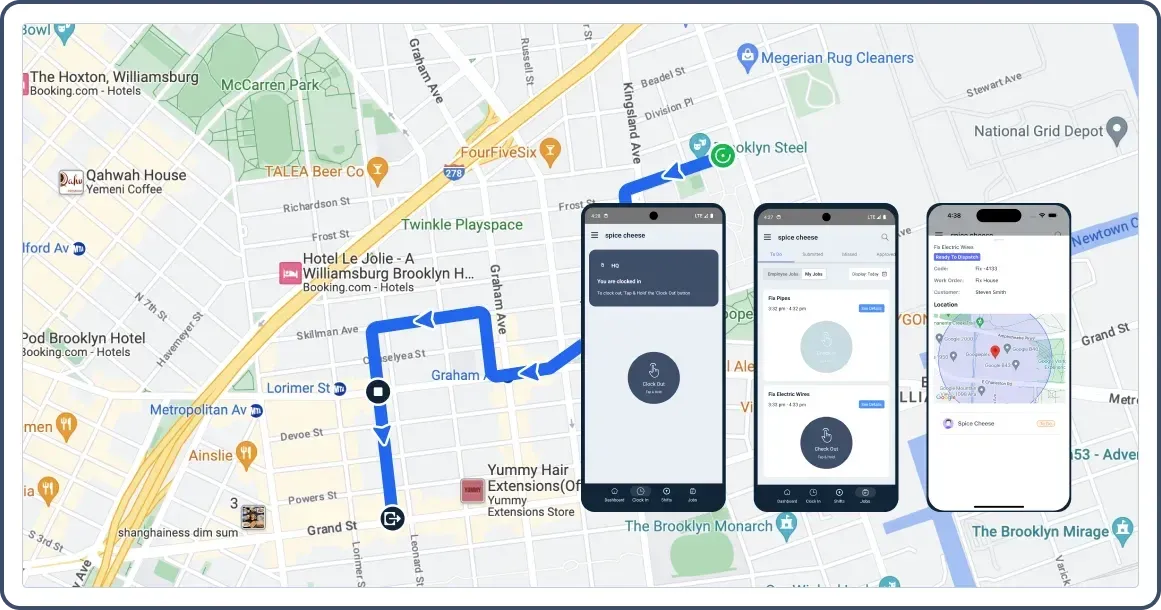 Map with job locations, task details, and route instructions displayed on mobile app screen.