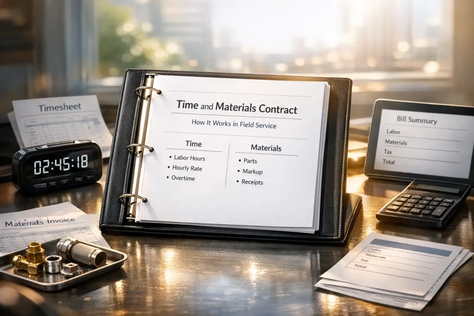 Time and materials contract binder with stopwatch, receipts, bill summary screen