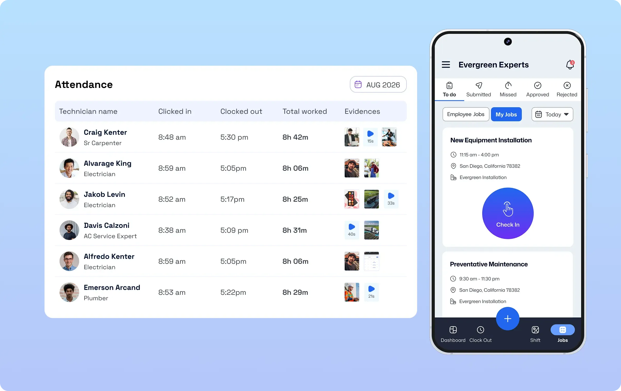 FieldServicely mobile app and web app for time tracking and attendance