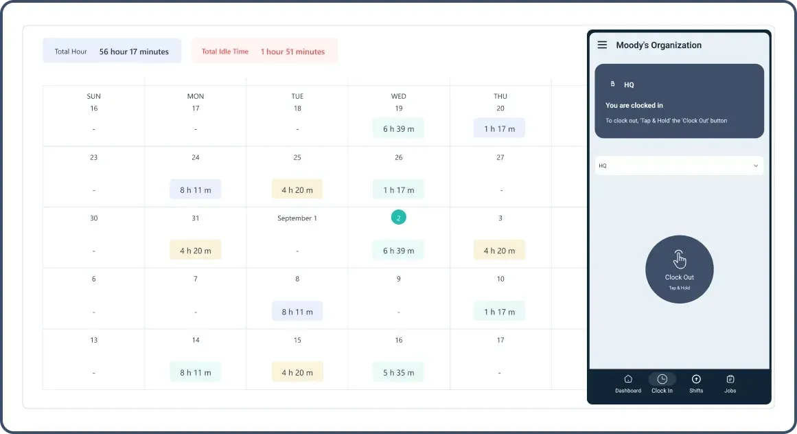 Timesheet of the whole month, with mobile app tracking time.