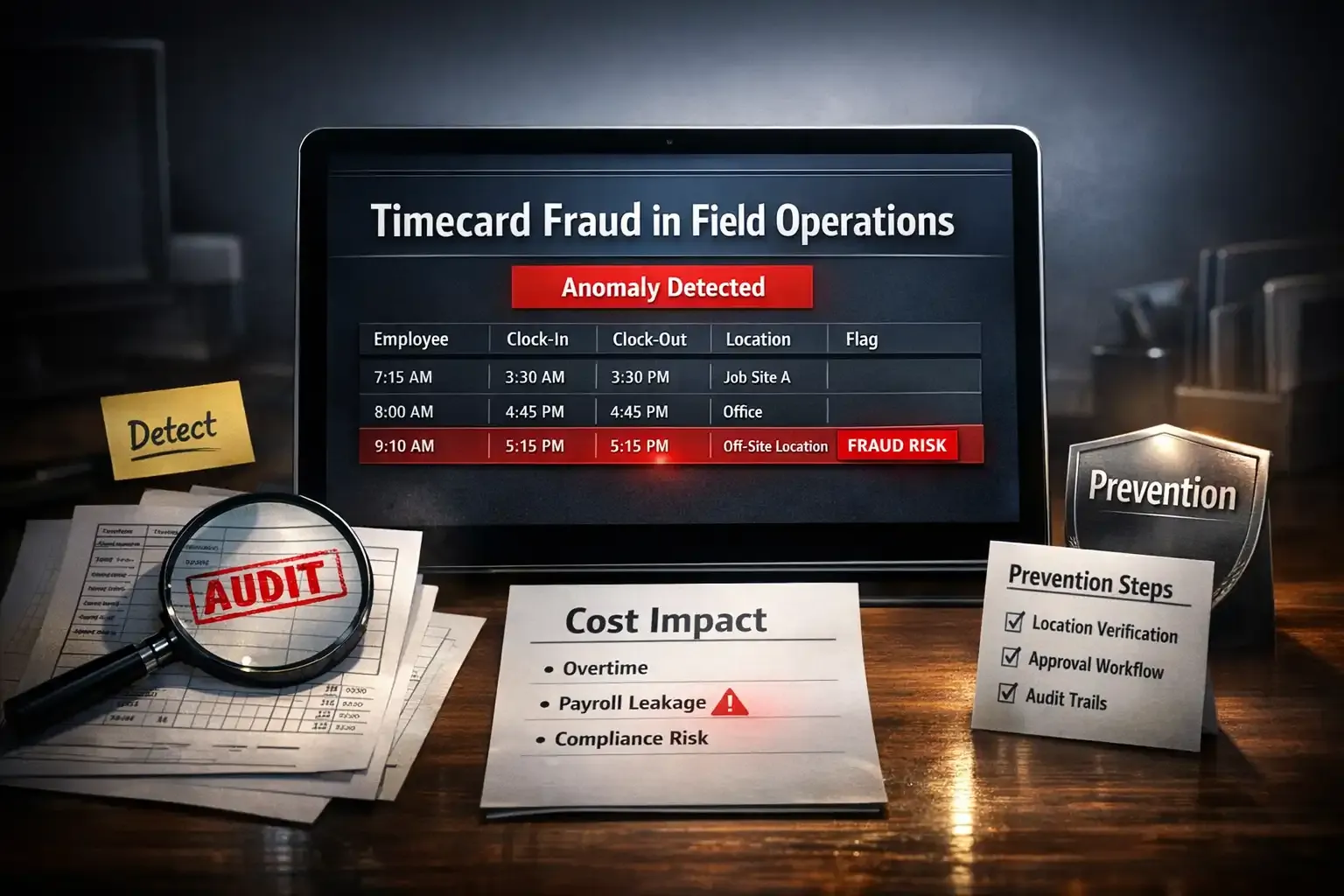 Laptop shows timecard fraud alert with audit papers, cost impact, and prevention list