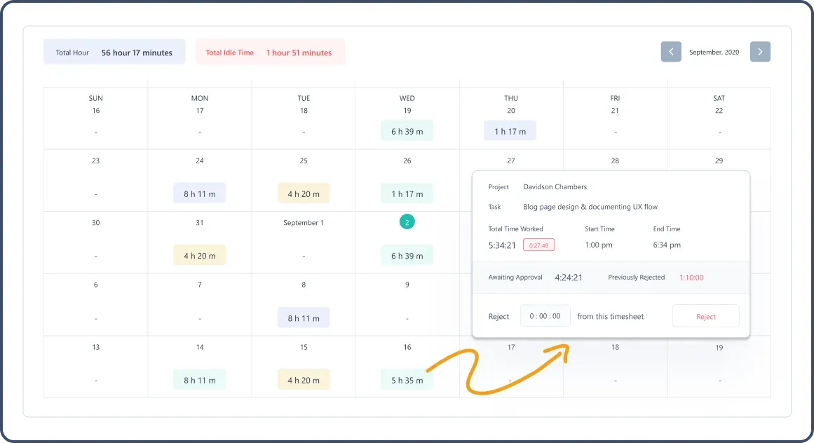 Monthly timesheet, with a golden arrow pointing to the approval options.