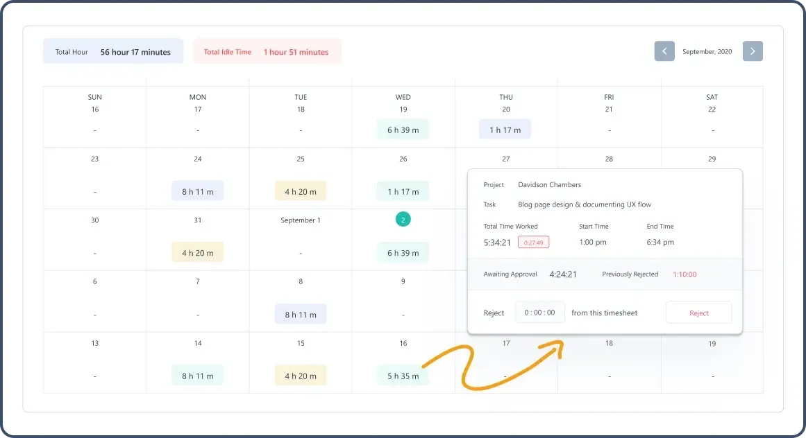 Field refrigeration service management software Timesheet management feature showing timesheet calendar view and daily logged work hours of a service team.