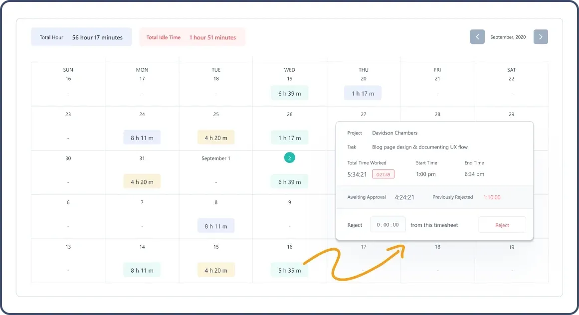 Field Service janitorial business software Timesheet feature showing calendar view and daily logged work hours.