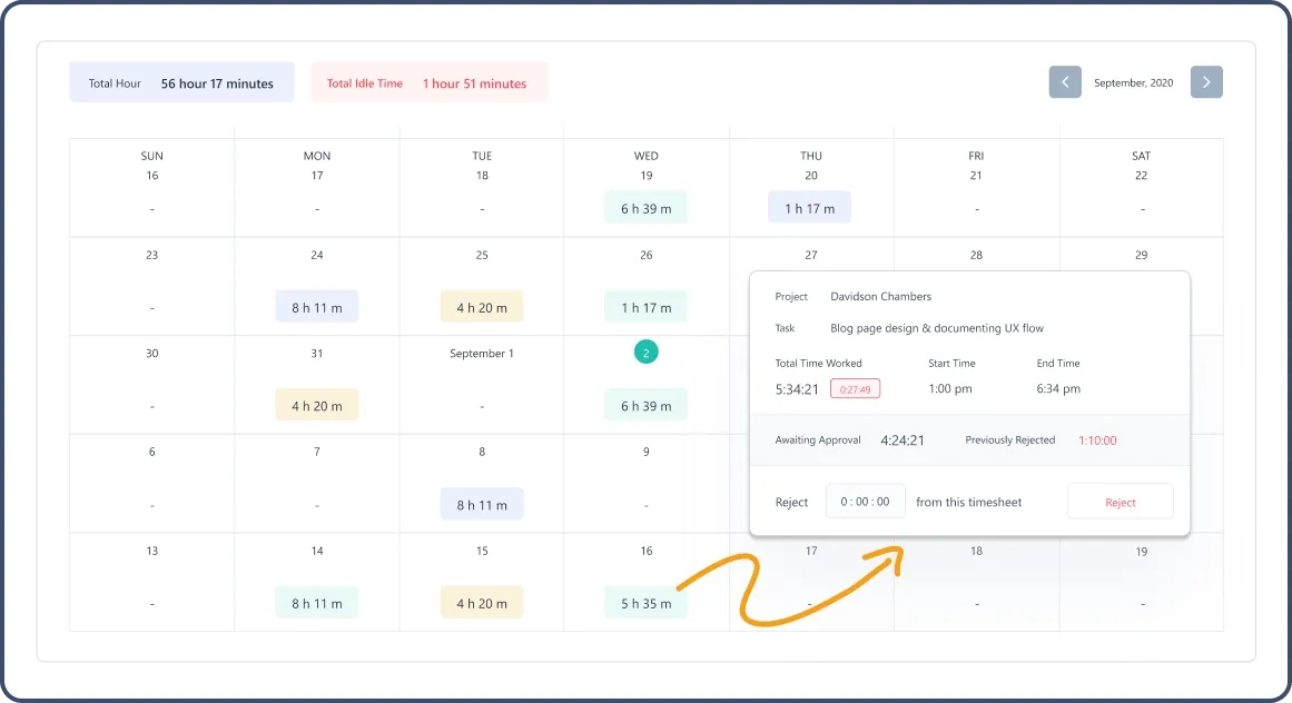  A digital timesheet calendar displaying work hours with a popup showing task details and approval status.