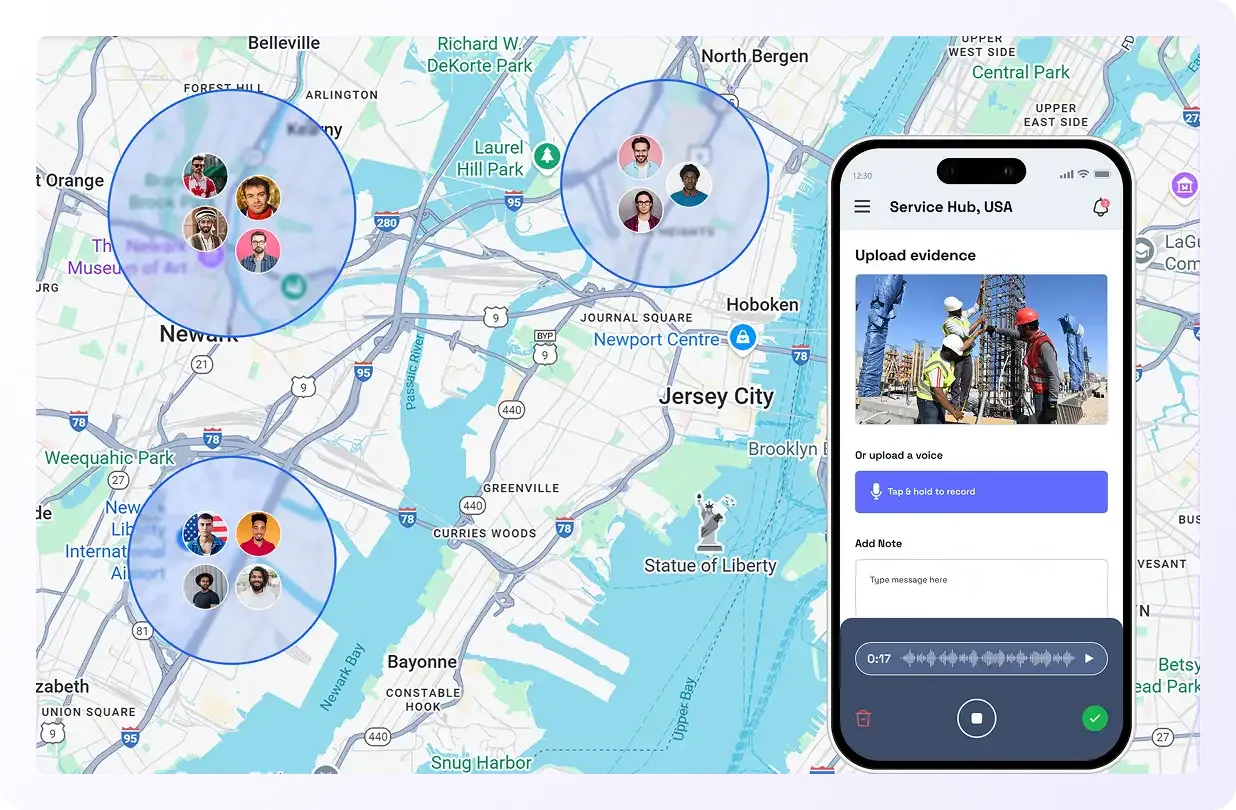 Employee location tracking map with mobile app for job evidence upload