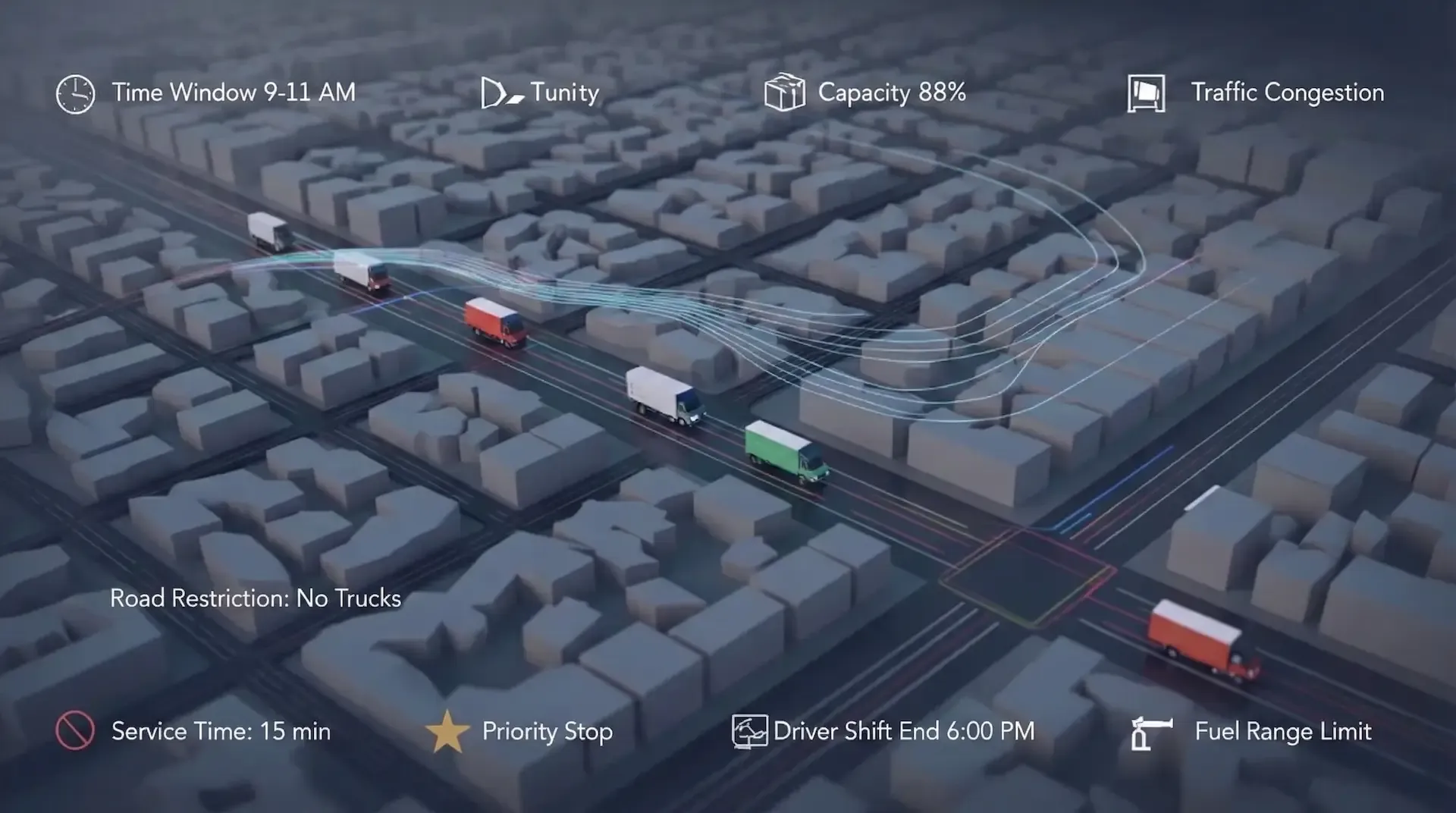 3D city map with delivery trucks and route constraint icons