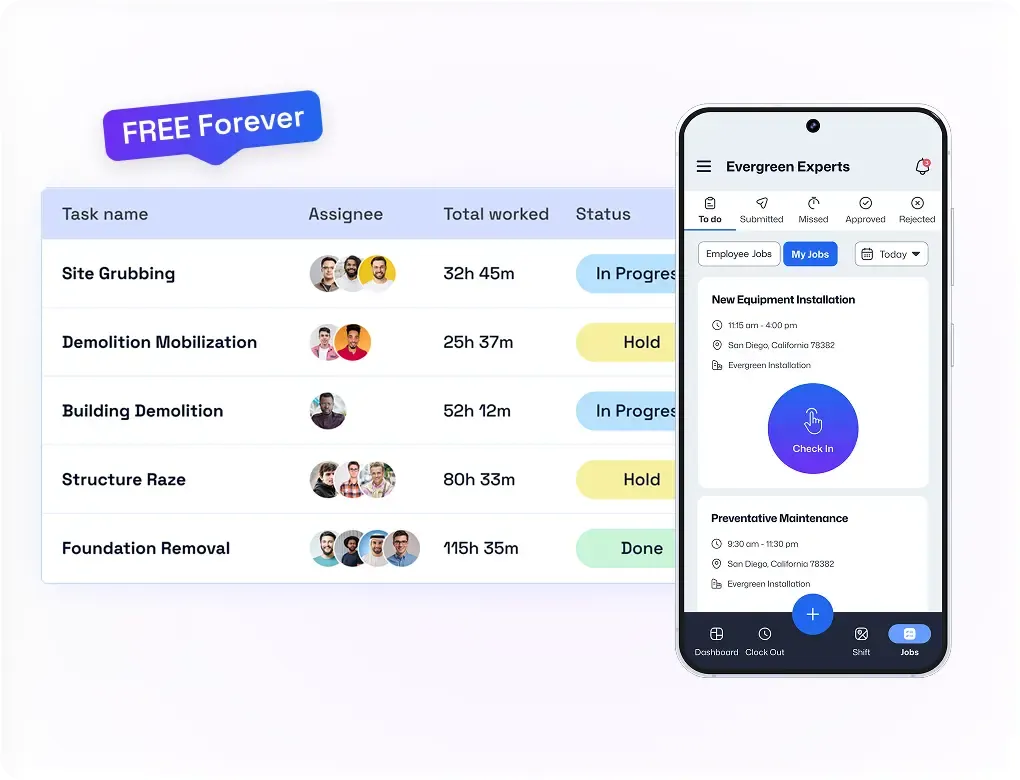 Free time tracking dashboard with tasks, hours worked, status mobile check-in UI