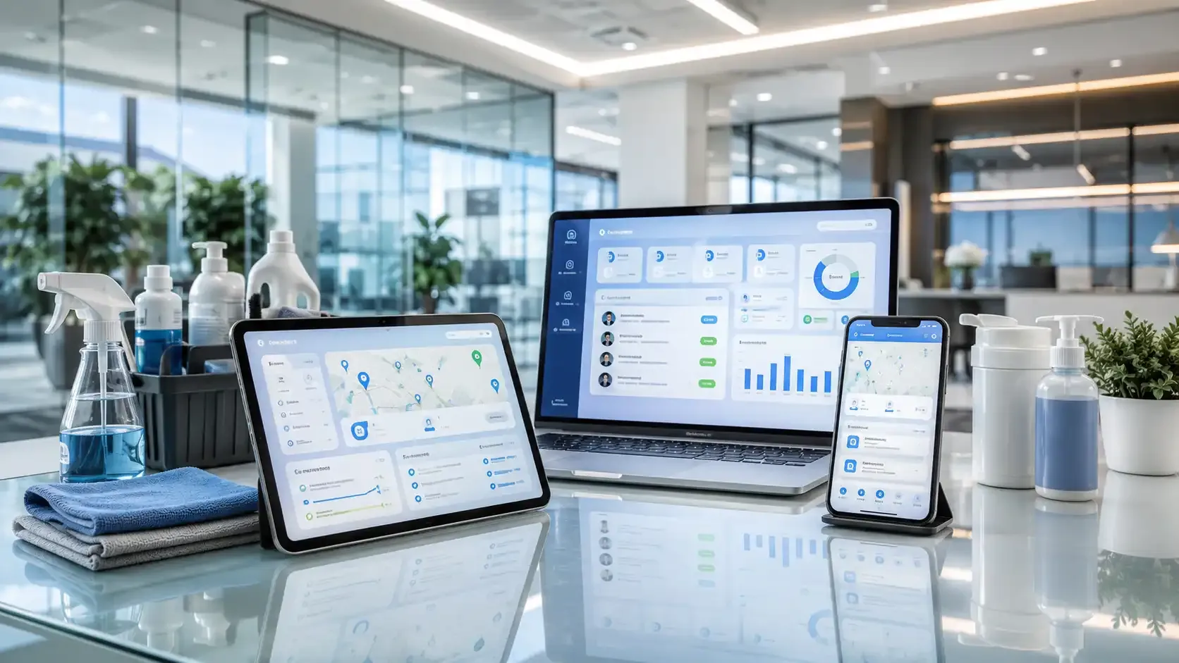 Cleaning team using management software on laptop tablet and phone