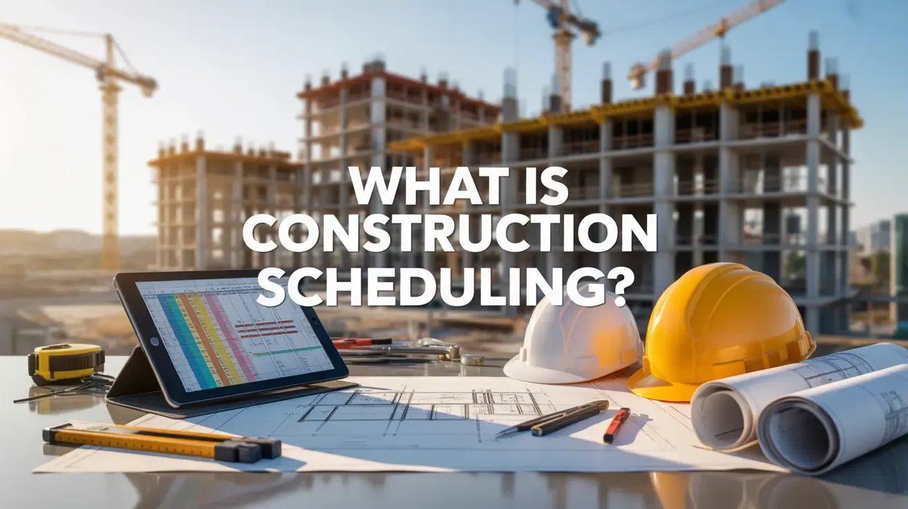 Construction scheduling graphic with plans and helmet