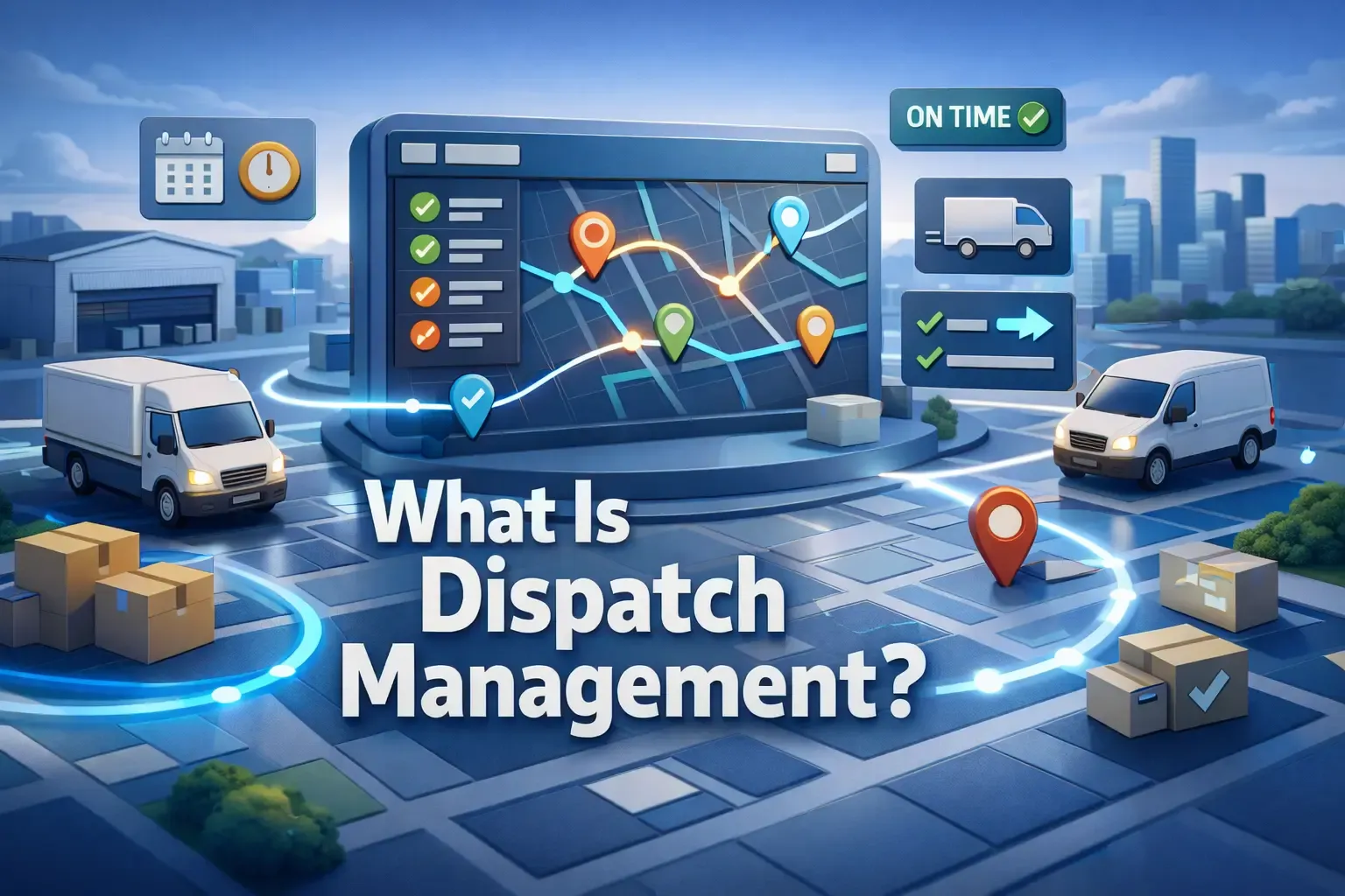 Dispatch management graphic with trucks, routes, and map