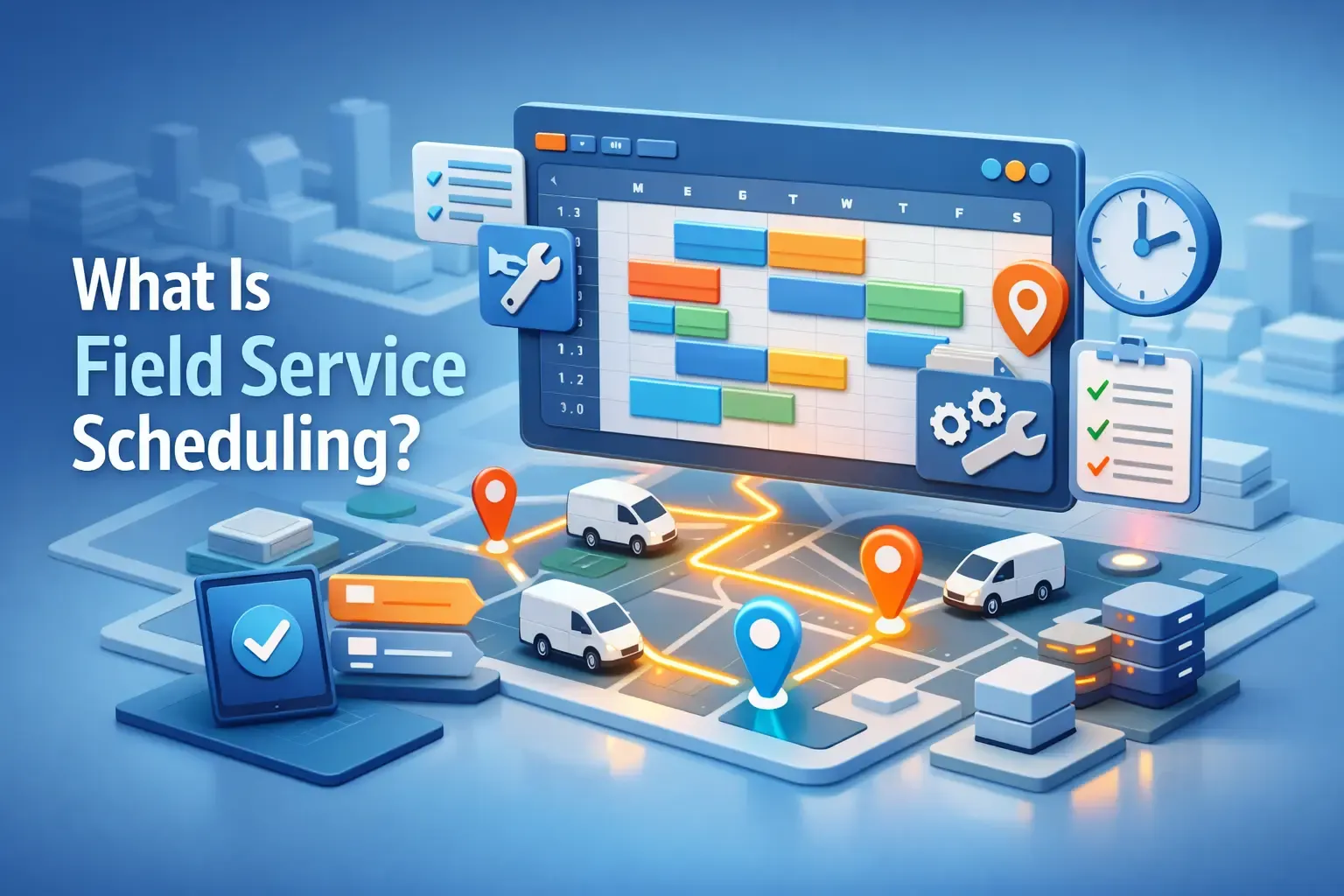 Field service scheduling graphic with routes and vans