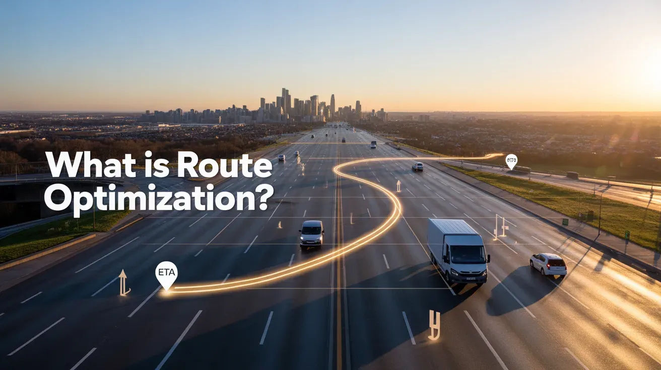 Highway with delivery van and glowing path, 'What is Route Optimization?
