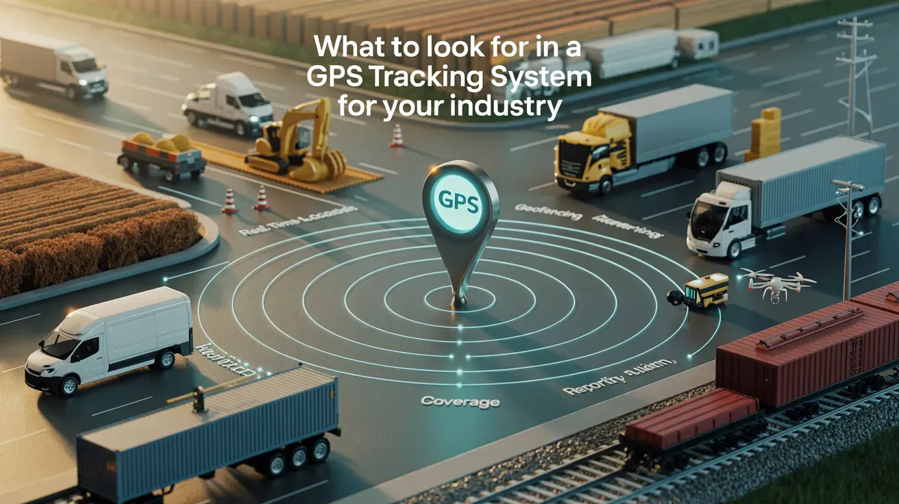 Banner: what to look for in a GPS tracking system, trucks around GPS pin
