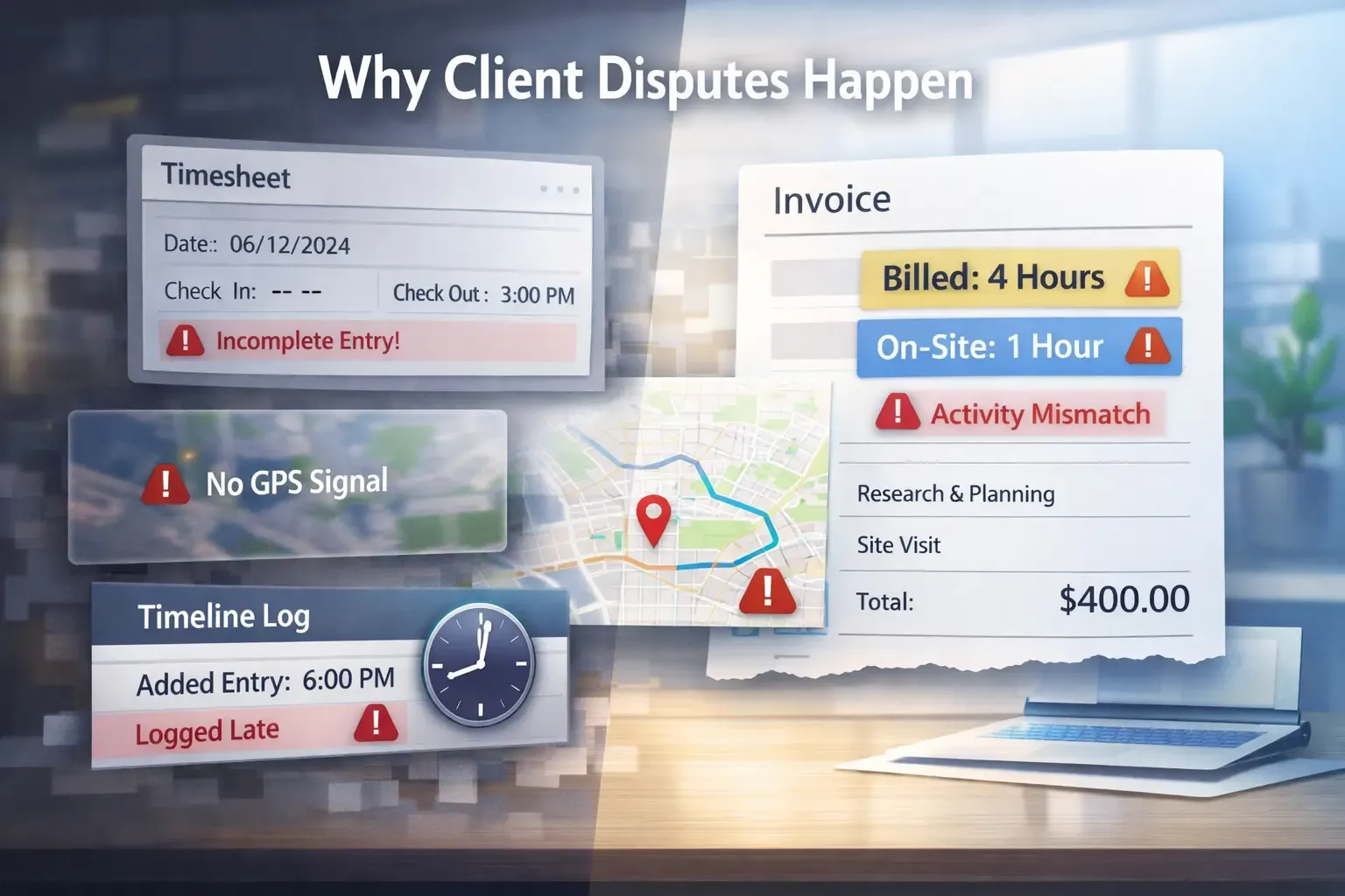Dashboard showing missing time logs, GPS gaps, and invoice mismatches