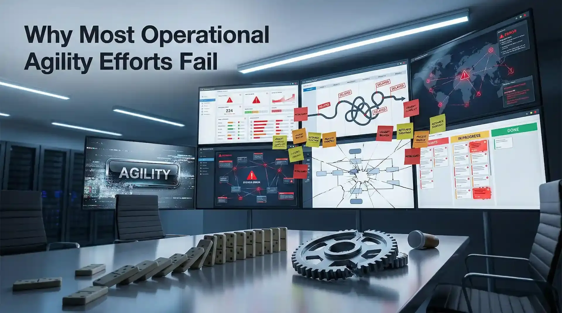 Ops war room with failing dashboards, dominoes, and agility headline